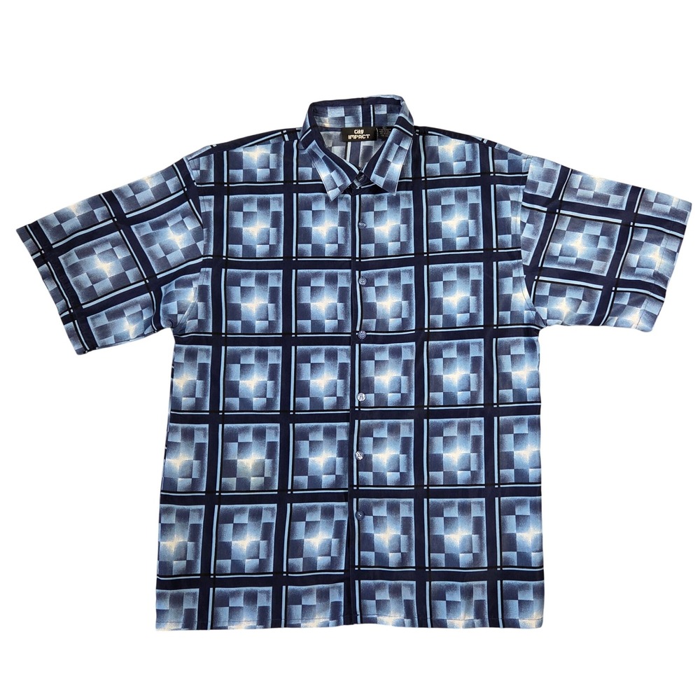 Vintage City Impact Men Blue Geometric Grid Y2K Short Sleeve Button Down Shirt L